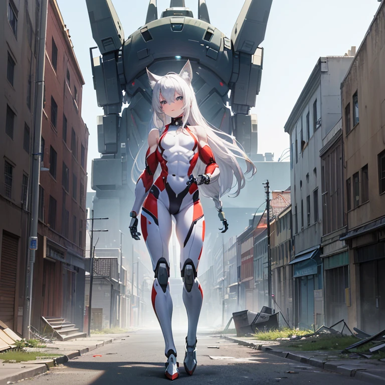 (Fox Girl, Fox Ears, Silver Hair, Fox Makeup, One Girl, Long Hair, Alone on the screen, dark skin, High definition:1.6), (mecha musume, Machinery Parts,Robot Joints, White and red clothes, Full body mechanical suit:1.8), (Body measurements are 75-60-75!, Young girl body, Small breasts, Proudly, Standing posture, slender, muscle:1.9), Avatar, face, 色っぽいface, Dominant representation, naughty face, Uplifting, Skin Texture, outside, ruins, Ruined City, Broken Building, There are no people