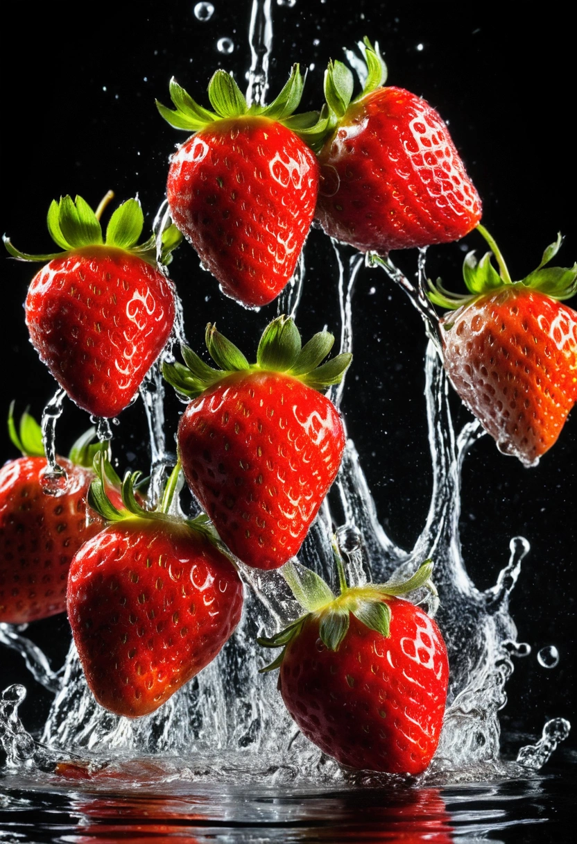 Cinematic RAW photos,Super real photos,Super real photos,Digital SLR Camera,柔和的light,Product photo of 5 strawberries falling into water、Dripping、Splashing clear liquid、Water bloom,Dynamic composition part) (best quality) (detailed) (light) (Sharp focus) (complex), Main Part, best quality, Ultra-high resolution, 8K Ultra HD