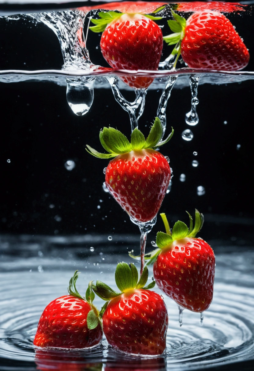 Cinematic RAW photos，Super real photos，Super real photos，Digital SLR Camera，柔和的light，Product photo of 5 strawberries falling into water、Dripping、Splashing clear liquid、Water bloom，Dynamic composition part) (best quality) (detailed) (light) (Sharp focus) (complex), Main Part, best quality, Ultra-high resolution, 8K Ultra HD