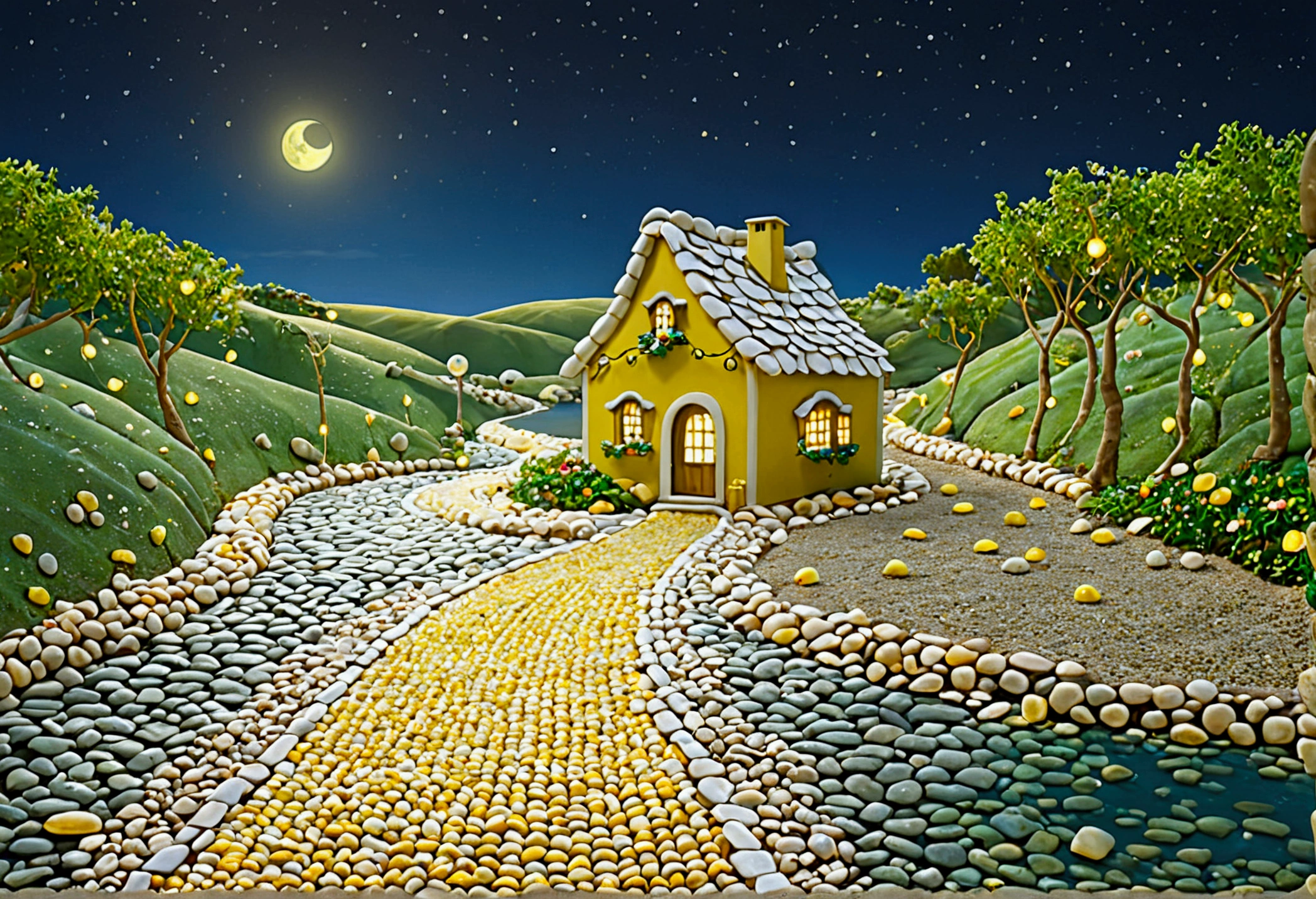 A beautiful calm and peaceful lagoon that reflects the brightness of the stars and moonlight, the stars and the moon have a yellow hue in a starry sky at the bottom of the lagoon cutting horizontally through the landscape we see a little road made of shiny pebbles that passes in front of the little house of a farm. disney pixar style