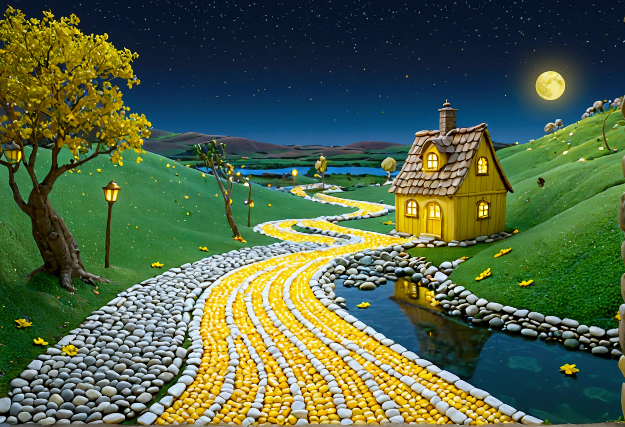 A beautiful calm and peaceful lagoon that reflects the brightness of the stars and moonlight, the stars and the moon have a yellow hue in a starry sky at the bottom of the lagoon cutting horizontally through the landscape we see a little road made of shiny pebbles that passes in front of the little house of a farm. disney pixar style