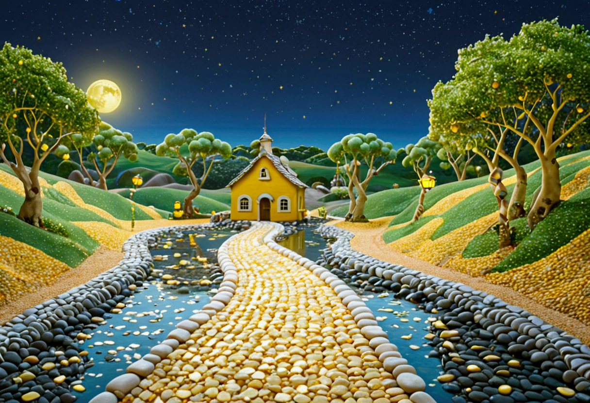 A beautiful calm and peaceful lagoon that reflects the brightness of the stars and moonlight, the stars and the moon have a yellow hue in a starry sky at the bottom of the lagoon cutting horizontally through the landscape we see a little road made of shiny pebbles that passes in front of the little house of a farm. disney pixar style