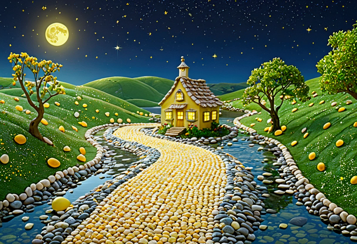 A beautiful calm and peaceful lagoon that reflects the brightness of the stars and moonlight, the stars and the moon have a yellow hue in a starry sky at the bottom of the lagoon cutting horizontally through the landscape we see a little road made of shiny pebbles that passes in front of the little house of a farm. disney pixar style