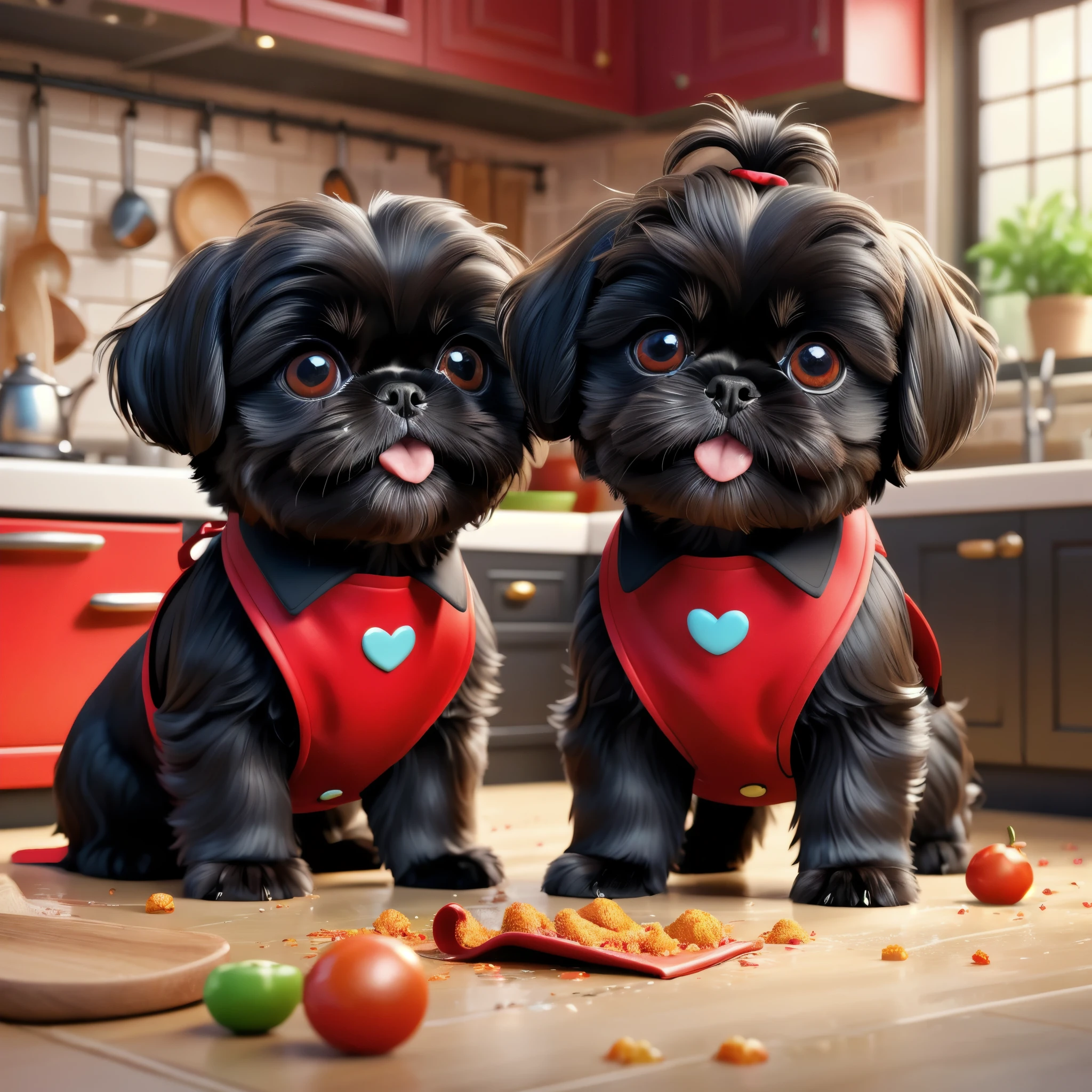 2 adorable small black shih tzu puppies wearing red collars,disney kitchen,3d cartoon,3d render,disney pixar style,refrigerator making food mess,extremely detailed,masterpiece,photorealistic,vibrant colors,warm lighting,cute,adorable,playful,mischievous