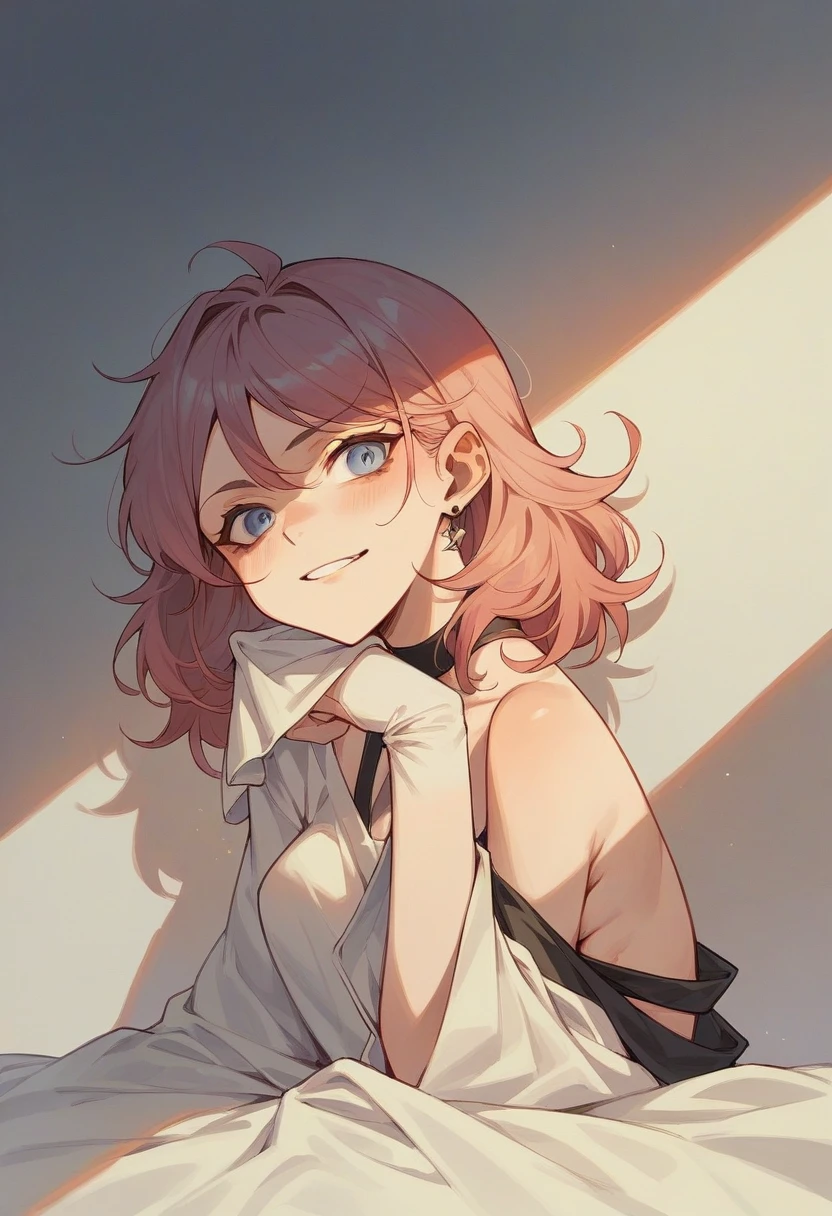 mina ashido, 1girl, solo, looking at viewer, smile, short hair, open mouth, simple background, long sleeves, white background, bare shoulders, collarbone, yellow eyes, pink hair, :d, heart, cowboy shot, horns, shorts, off shoulder, sweater, hand on hip, v, colored skin, black shorts, colored sclera, black sclera, off-shoulder sweater, pink skin, v over eye, purple sweater