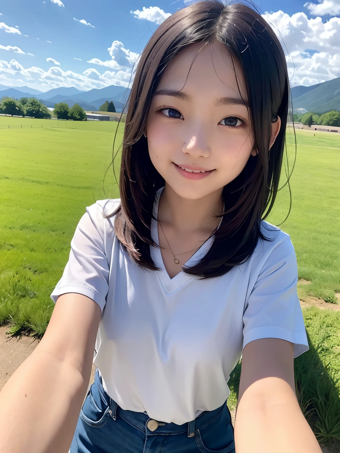 A scene from a rural school. A female student in summer  is looking up at the sky on the roof of the school under a clear blue sky. She is smiling; in the background are expansive fields and mountains. The schoolyard is covered with grass and trees, and a river can be seen in the distance. The sun is shining gently and a pleasant breeze is blowing. High quality, high definition, 4K.