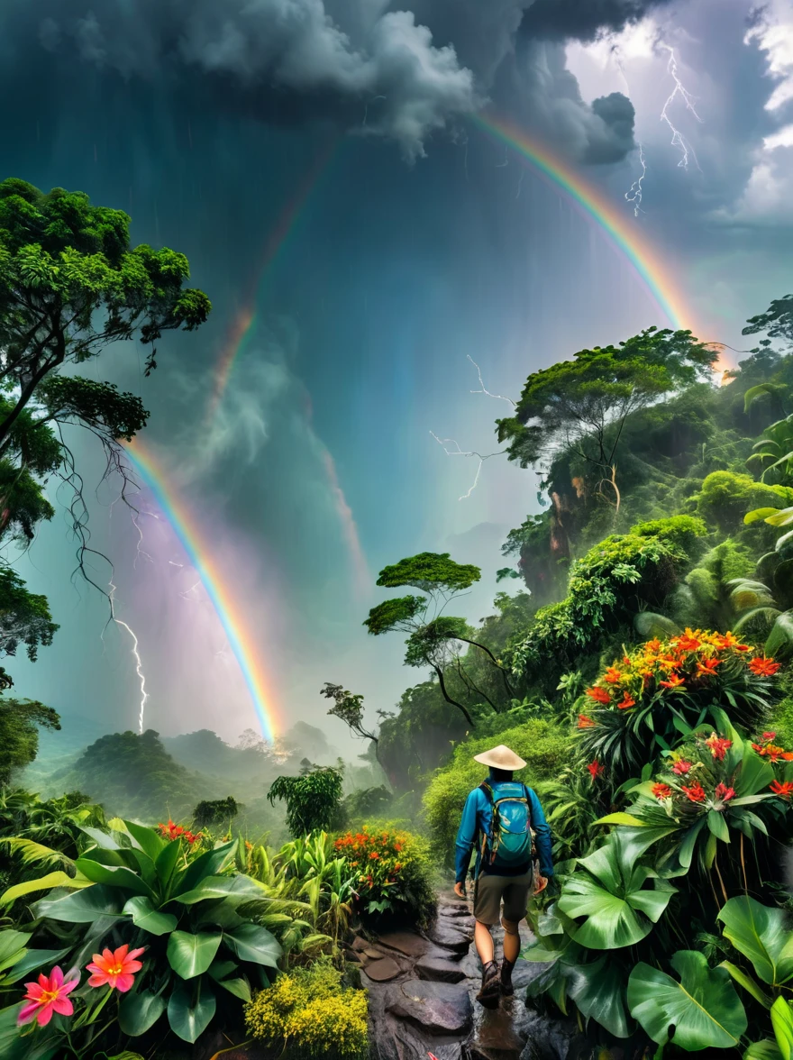 Show a shocking picture、Scenic jungle adventure landscape。The storm is raging,Cloudy sky,The plants are dense,Gloomy sky,heavily clouded。Lightning streaked by,Form a scene。In contrast,A male hiker battles bad weather.。He is walking through the jungle,Brave the Storm,Demonstrates overcoming adversity。suddenly,A bright rainbow streaks across the landscape,As if reaching the center of the storm。Despite the difficulties,But the brightly colored flowers in the foreground are still thriving,Adds vibrant colors to the scene。