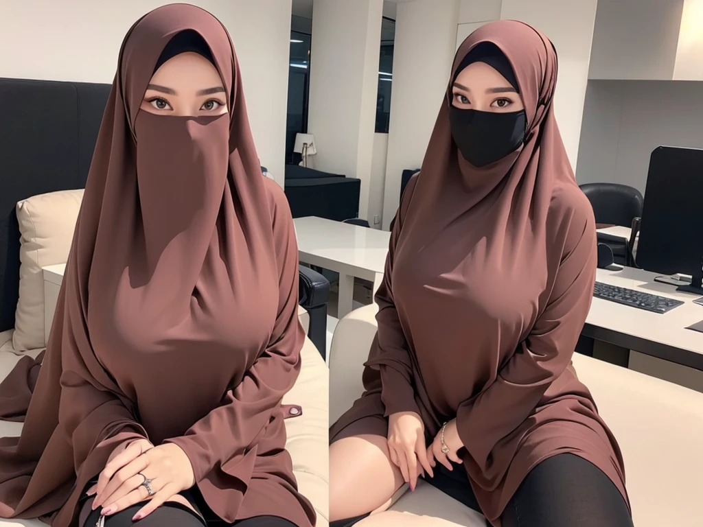 4K, high quality, nice lighting, soft lighting, realistic, dark eyes, sexy, big breasts, thick thighs, wide hips, muscular, malaysian dress, long sleeve, Jewelry, sexy lady, asian, hijab, niqab, sexy pose, showing big thighs, nice body, natural largest breast, WEARING WEDDING RINGS