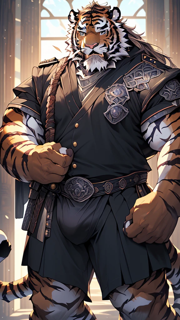 (masterpiece),(highres),(intricate details:1.4),extremely detailed,(illustration:1.2),8k,photorealistic,exquisite,(daddy:1.5),aged,(elder male tiger:1.7),muscular,(Viking warrior:1.5),(brave and powerful:1.5),manhood,warrior,long hair,long beard,(numerous scars),(bulging crotch:1.8),(homosexual:1.5),(roaring:1.5),(a uniform that fits snugly against the body:1.6)