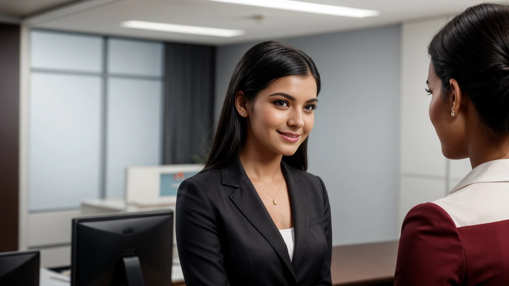 raia, a beautiful girl in a professional office setting, black hair, looking at viewer, elegant red business attire, gentle expression, full smile, professional and efficient, office supplies, warm lighting, photorealistic, highly detailed, cinematic composition, dramatic lighting, color grading, Rembrandt lighting
