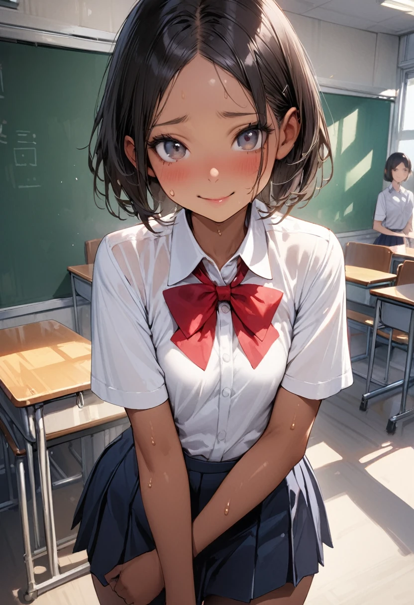 ((masterpiece,Highest quality:1.3,best quality illustration)),((realistic:1.2)),cowboy shot,独奏,1woman,18 year old beauty、black hair,short bob hair,(center parted bangs),black eyes,(gorgeous big eyes),((very small head:1.3)),shy,smile,((slender body,skinny)),(tan skin:1.4),small breasts,White short-sleeved collared shirt、red bowtie,Navy blue pleated mini skirt),gleaming skin,oily skin,slender body,sweat,classroom、School、Tokyo、