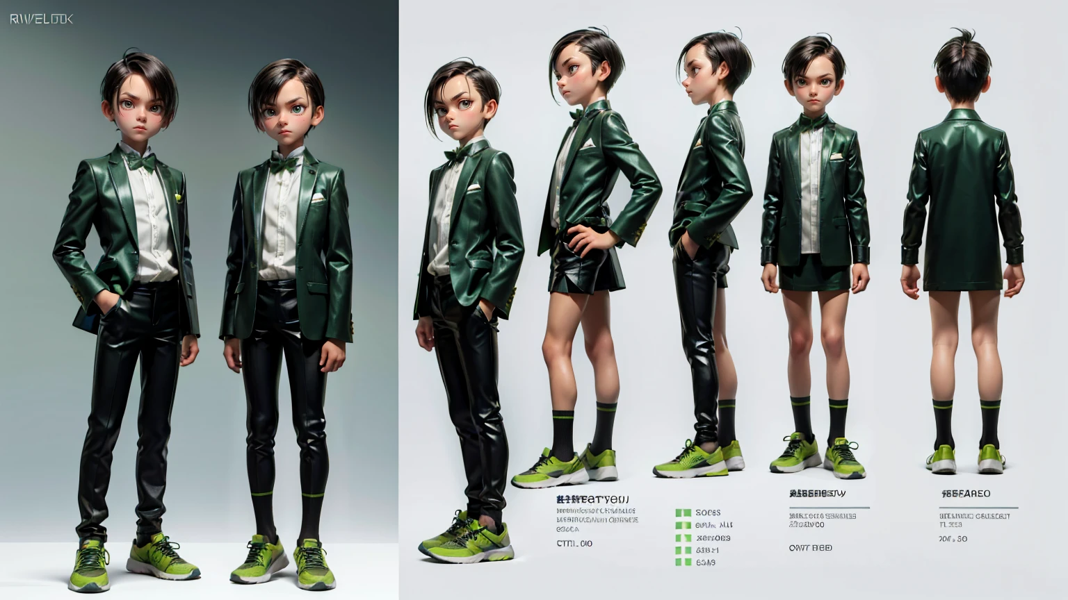 cute face boy, cute face, short height boy, wearing casual futuristic green color pent, green dress, full standing pose, Comb Over boy hairs, Comb Over boy hair style, sports shoes, Character Sheet, , Full body, Simple white background, front straight pose character reference sheet, Concept art, design sheet