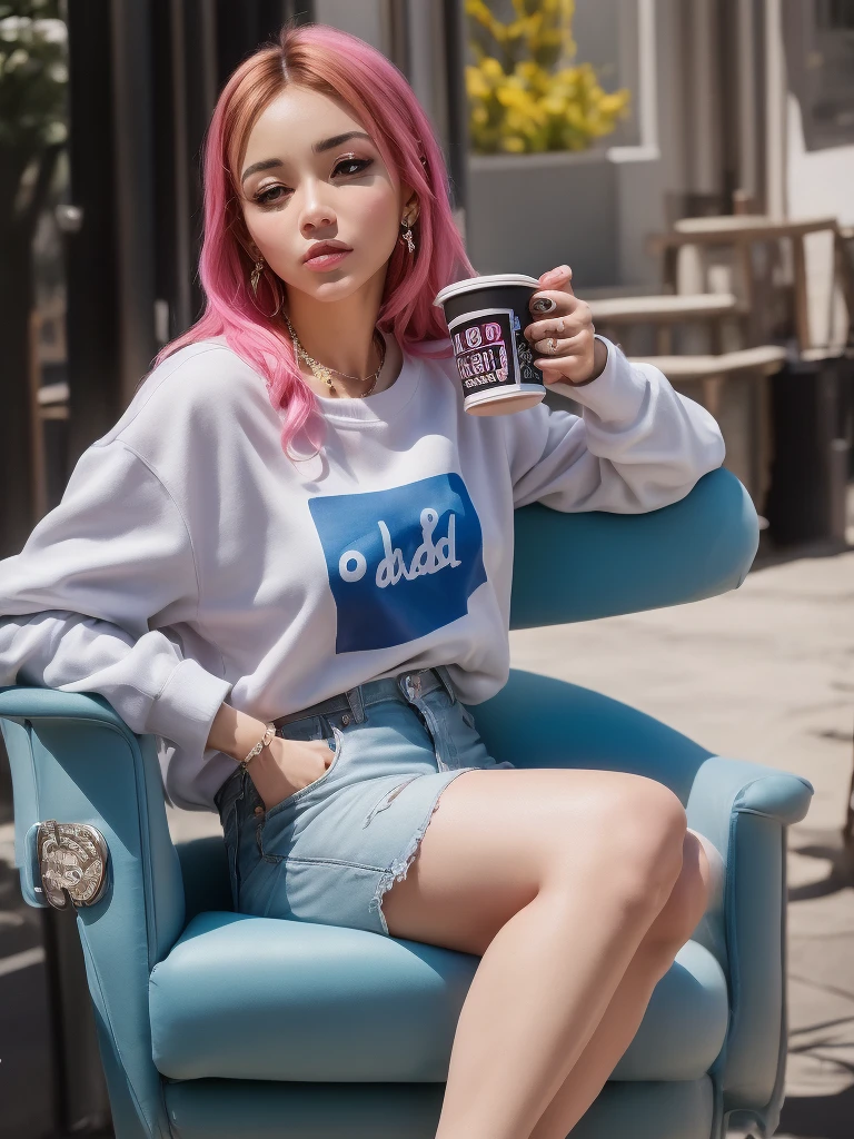 Close -up,woman sitting on a chair with a cup of coffee in her hand, in style of nadine ijewere, stylish pose, on a bright day, 🤬 🤮 💕 🎀, sitting down casually, edited, rich colourful, with a cool pose, young lady, * colour splash *, brightly coloured, colourful, vibrant aesthetic, profile image
