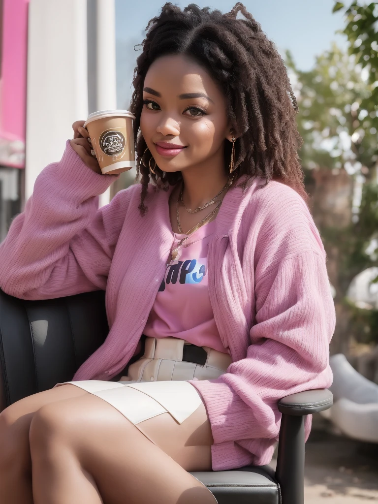 Close -up,woman sitting on a chair with a cup of coffee in her hand, in style of nadine ijewere, stylish pose, on a bright day, 🤬 🤮 💕 🎀, sitting down casually, edited, rich colourful, with a cool pose, young lady, * colour splash *, brightly coloured, colourful, vibrant aesthetic, profile image