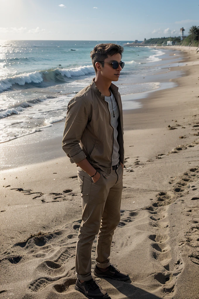  A young man with sunglasses stands on a sandy beach, looking out at the ocean.