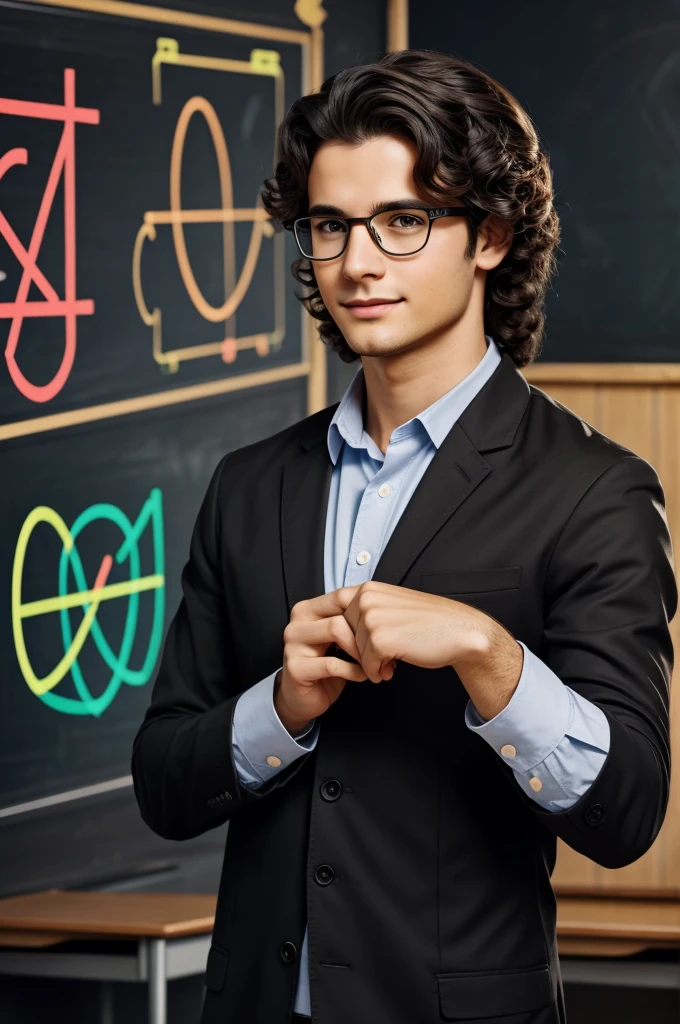 An intellectual teacher, 
tender, young man with glasses medium wavy hair, long black with the background of a classroom and mathematical symbols with vibrant colors 