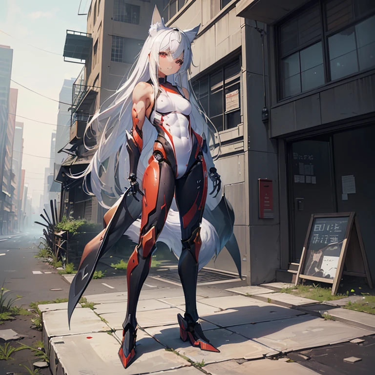 (Fox Girl, Fox Ears, Silver Hair, Fox Makeup, One Girl, Long Hair, Alone on the screen, dark skin, High definition:1.6), (mecha musume, Machinery Parts,Robot Joints, White and red clothes, Full body mechanical suit:1.8), (Body measurements are 75-60-75!, Young girl body, Small breasts, Proudly, Standing posture, slender, muscle:1.9), Avatar, face, 色っぽいface, Dominant representation, naughty face, Uplifting, Skin Texture, outside, ruins, Ruined City, Broken Building, There are no people