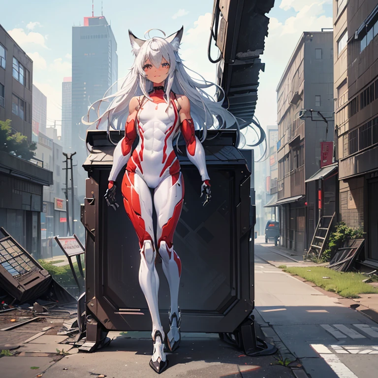 (Fox Girl, Fox Ears, Silver Hair, Fox Makeup, One Girl, Long Hair, Alone on the screen, dark skin, High definition:1.6), (mecha musume, Machinery Parts,Robot Joints, White and red clothes, Full body mechanical suit:1.8), (Body measurements are 75-60-75!, Young girl body, Small , Proudly, Standing posture, slender, muscle:1.9), Avatar, face, 色っぽいface, Dominant representation, naughty face, Uplifting, Skin Texture, outside, ruins, Ruined City, Broken Building, There are no people