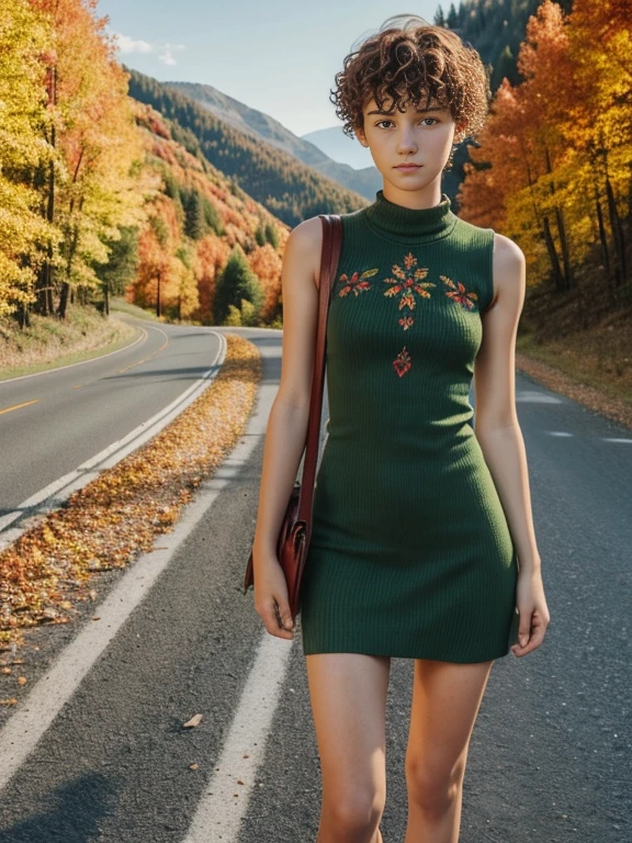 girl, short hair, extremely curly, Red color, Skinny body, , short dress, green color, mosaic design, shows his losses, bring boot, short socks, two hands, slavic face, freckles on his face, very beautiful , mountainous road, autumn trees,