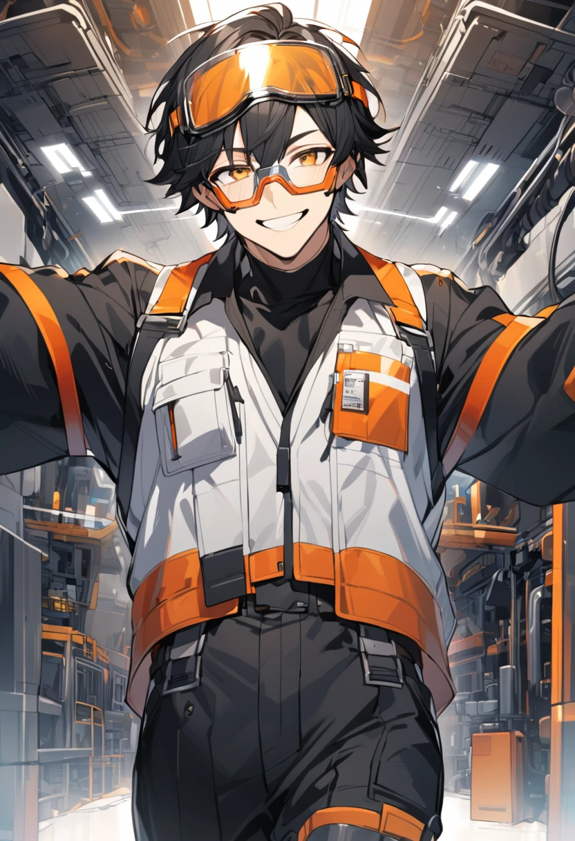 Solo, 1 male, black hair with orange highlights, safety glasses, engineer, black and white shirt, black pants, smile facial
