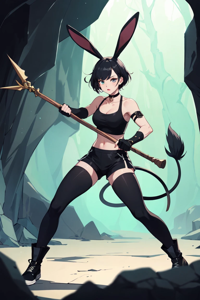 ((Highest quality)), ((masterpiece)), (detailed) {{{Slender female RPG witch}}} Shorts {{Décolletage}} {{white and cyan robe, With tights, rabbit ears and tail.}} Mature Woman ((Combat Stance with a staff)) Long fingerless gloves Black tights {{Inside of a cave}} Black short Hair ((Leggings with integrated shorts)) clavicle choker