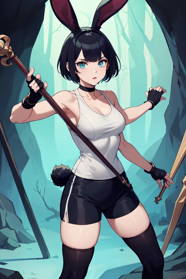 ((Highest quality)), ((masterpiece)), (detailed)　｛{{Slender female RPG witch}}｝　Shorts　{{Décolletage}}　{{white and cyan robe, With tights, rabbit ears and tail.}}　Mature Woman　((Combat Stance with a staff))　Long fingerless gloves　Black tights　{{Inside of a cave}}　Black short Hair ((Leggings with integrated shorts))　clavicle　choker