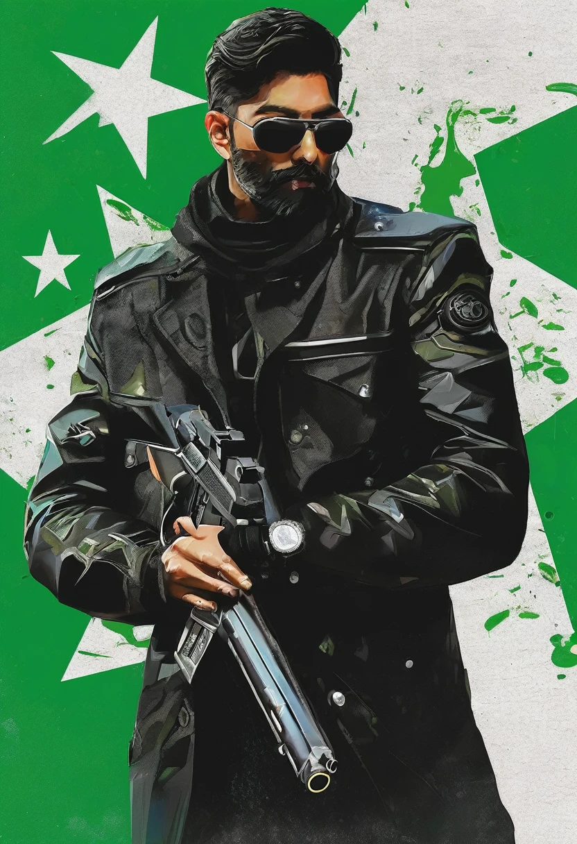 Aarav man in black holding a gun and a green star, It's still a bad cyborg movie., Johnny Silverhand, Covered entirely with metal armor., Green armor with sharp edges, Wear leather assassin armor., heavy metal armor, spiky green armor, Movies are still super cool cyborgs., Shiny black armor, เกราะfull bodyที่น่าเกรงขาม, wearing black armor, Pretend to stand and prepare to fight., full body