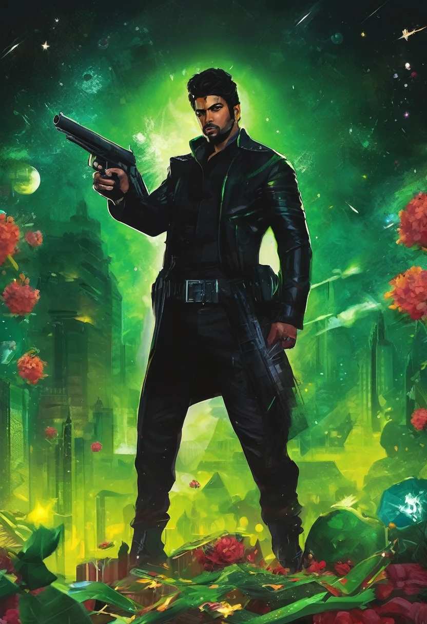 Aarav man in black holding a gun and a green star, It's still a bad cyborg movie., Johnny Silverhand, Covered entirely with metal armor., Green armor with sharp edges, Wear leather assassin armor., heavy metal armor, spiky green armor, Movies are still super cool cyborgs., Shiny black armor, เกราะfull bodyที่น่าเกรงขาม, wearing black armor, Pretend to stand and prepare to fight., full body