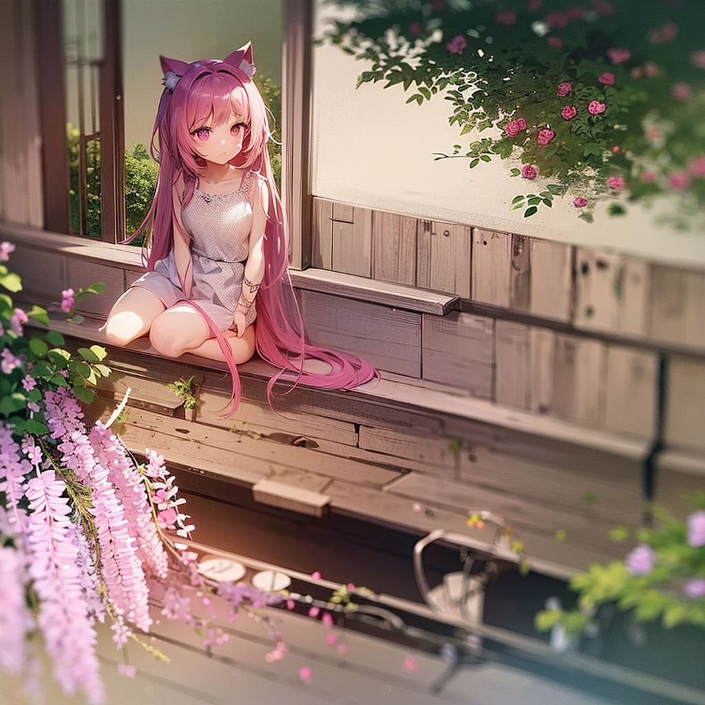 1 girl, alone, Cute girl with pink hair, pink eyes, Wisteria flowers background, Soft natural light, Cat ears, Sleeveless white shirt