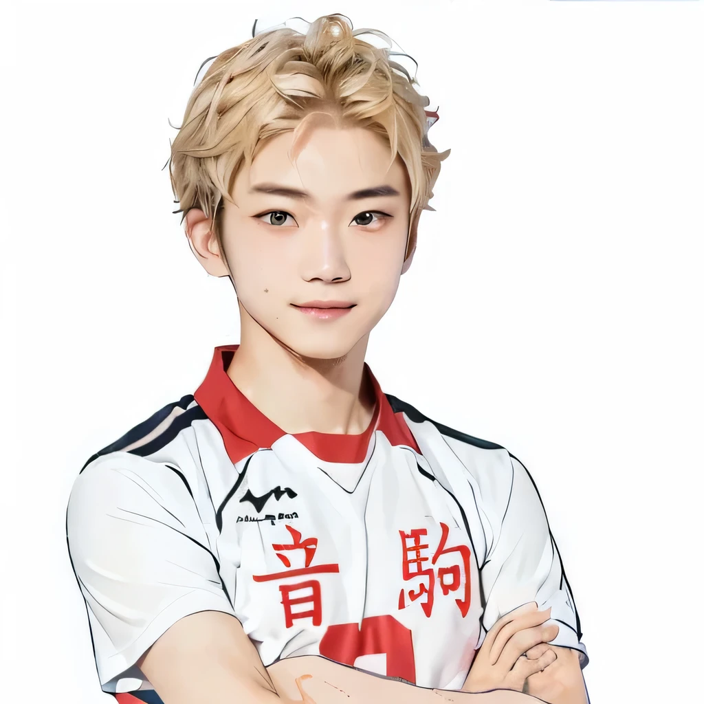 japanese boy with red and white shirt and arms crossed, shaved hair, little smile, haikyuu, volleyball, realistic human, best quality, masterpiece, 8k