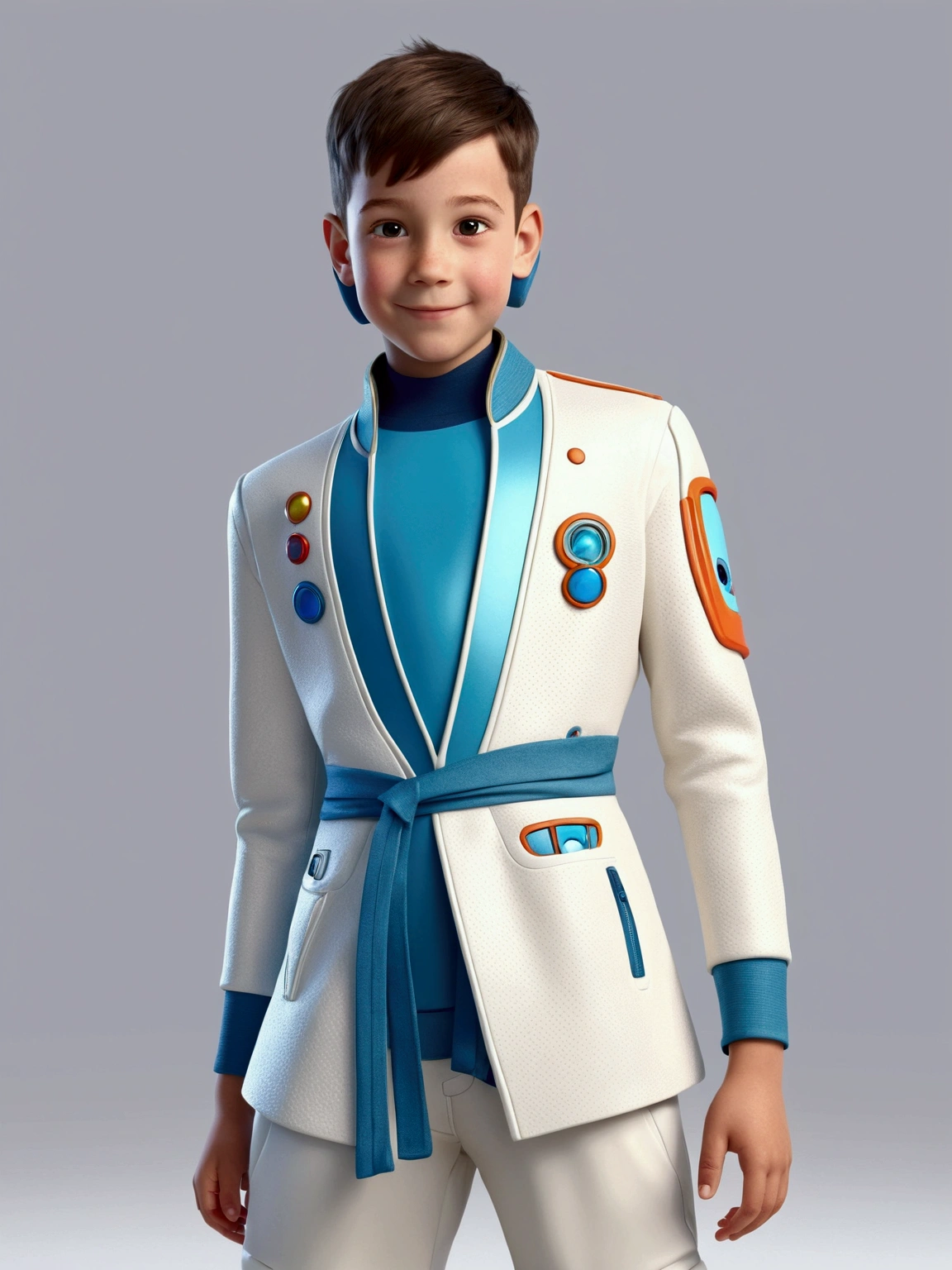 a happy cute ??? standing short hair, wearing a space costume, , White background, barnet, toon, Pixar-style, 3d, Cartoon s, face detailed, asymmetrical 16k