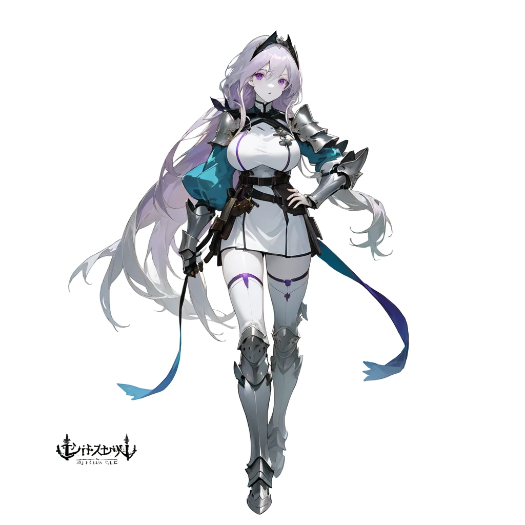 anime girl with long silver hair and armor in her left arm walking, (((silver hair))), mature face, anime character sheet, official character art, cushart krenz key art feminine, ( ( character concept art ) ), purple hairties, purple laces, female anime character, (light purple eyes), ((big breasts)), short white dress, armor in belly, belts, white long socks, fantasy anime character, (((pale skin))), characters from azur lane