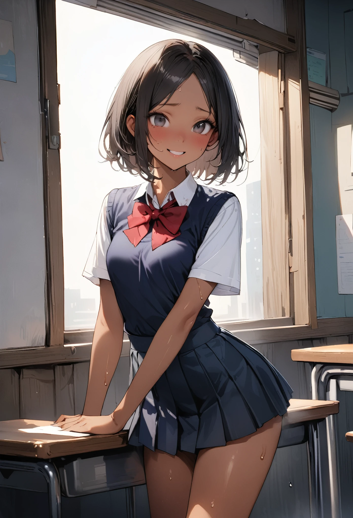 ((masterpiece,Highest quality:1.3,best quality illustration)),((realistic:1.2)),cowboy shot,独奏,1woman,18 year old beauty、black hair,short bob hair,(center parted bangs),black eyes,(gorgeous big eyes),((very small head:1.3)),shy,smile,((slender body,skinny)),(tan skin:1.4),small breasts,White short-sleeved collared shirt、red bowtie,Navy blue pleated mini skirt),gleaming skin,oily skin,slender body,sweat,classroom、School、Tokyo、