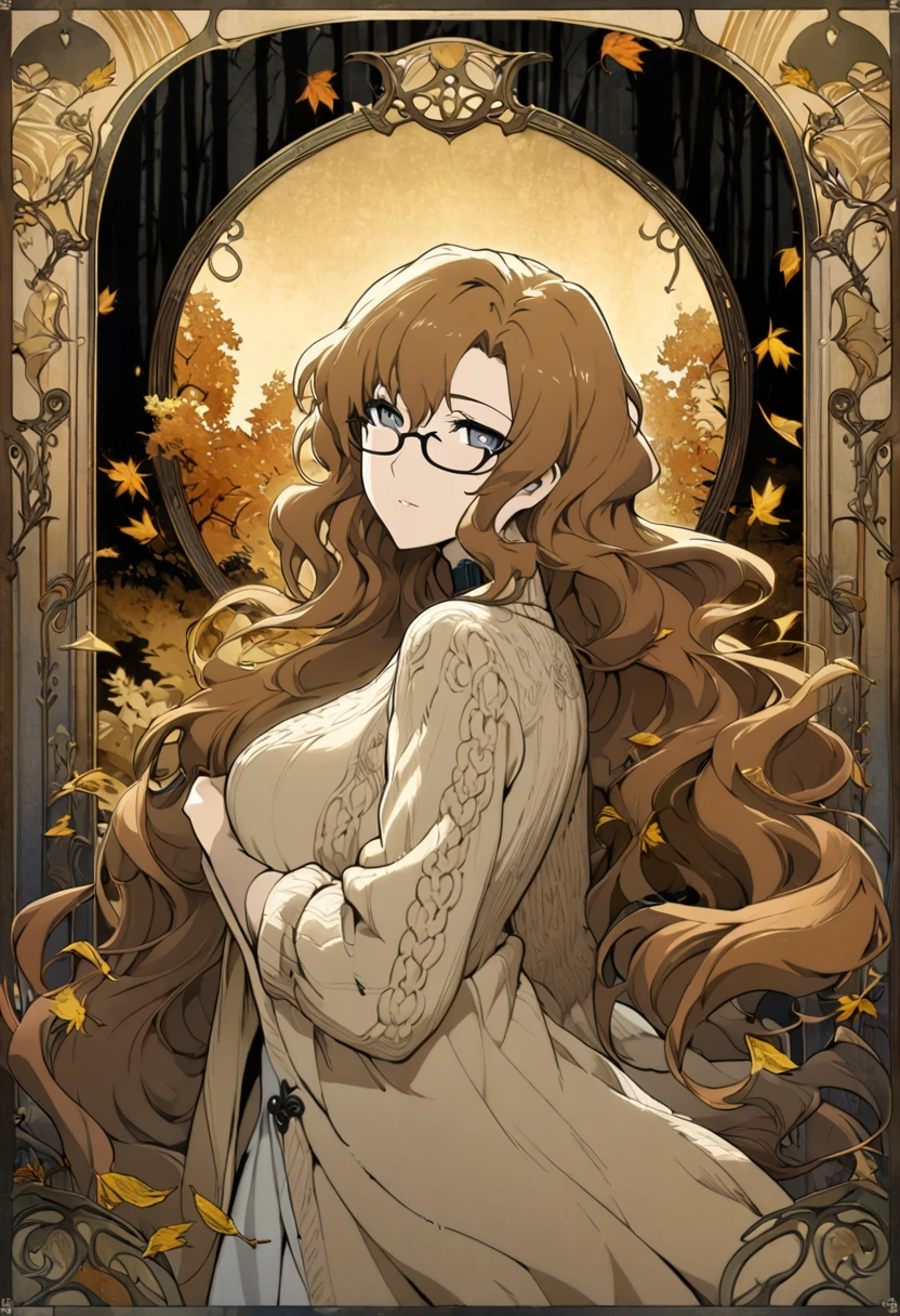 1girl, kiryuu moeka, steins;gate, glasses, art nouveau style, autumn forest, cozy sweater, masterpiece, best quality, absurdres, ornate frame, flowing lines, organic shapes, decorative elements, golden leaves, whimsical trees, intricate patterns, muted earthy palette, elegant pose, long flowing hair, misty atmosphere, ethereal lighting, feminine mystique, floral motifs, curving branches