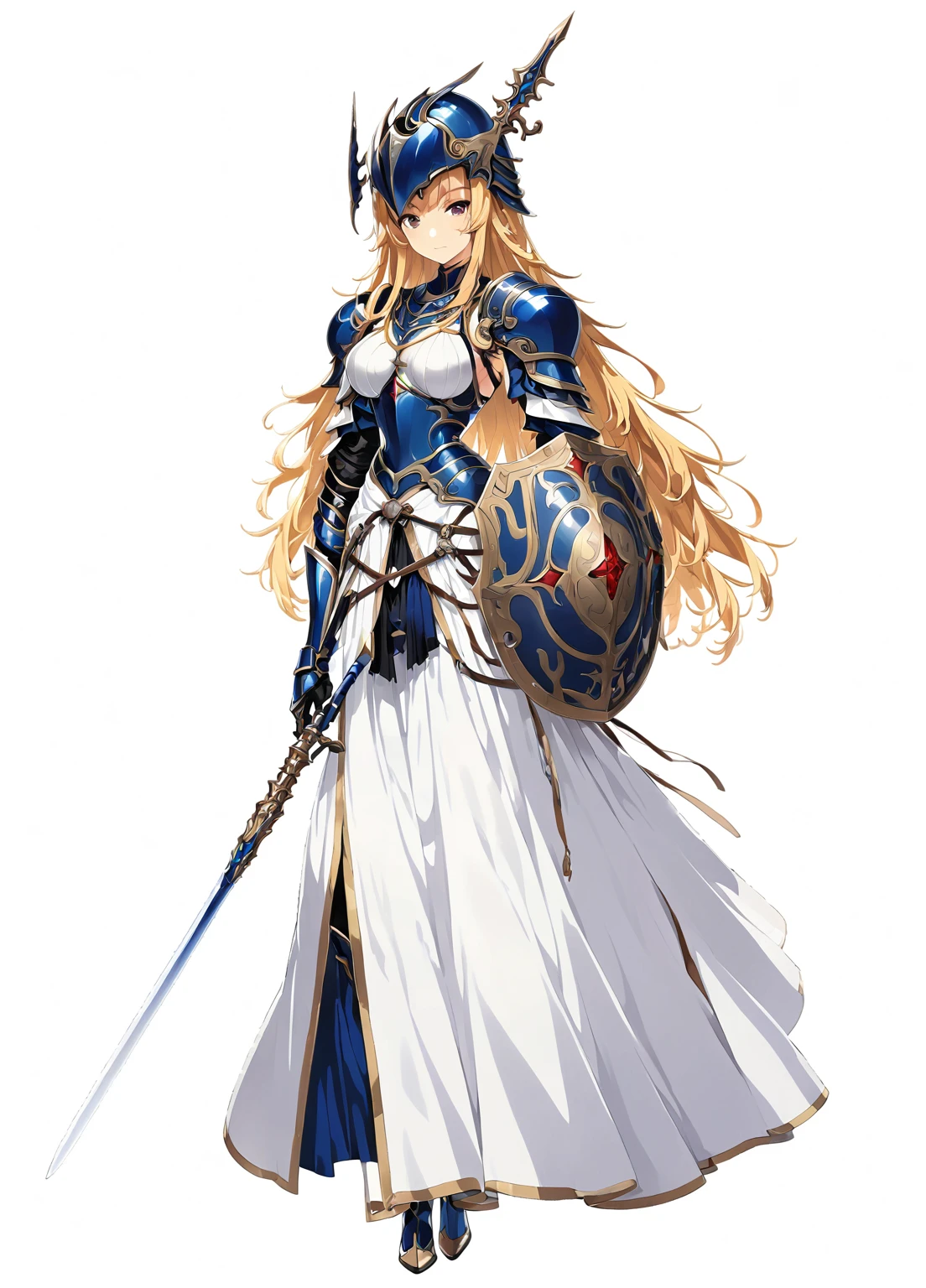 high quality, high resolution, high qualityのゲームアートスタイル, whole body,valkyrie,perfect hand,Official Art, Smooth game CG art, Visual Novel Sprites, White background,Smooth game CG art, (((Woman holding a long spear))),Woman wearing a white dress and blue armor, An intricately designed helmet with white feathers,Small shield, (((In his right hand he holds an elaborate long spear))),Exquisite Blue Armor,Golden Hair, long hair, female knight, Rin々Shii,Large Bust,20-year-old,