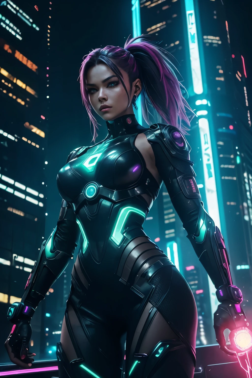 In the heart of a dystopian metropolis, a captivating female mutant is engaged in an intense combat sequence. Her cyberpunk style is accentuated by neon-colored tattoos that pulse with an otherworldly energy, enhancing her already formidable physicality. Her mutant abilities are on full display as she channels a powerful aura, emitting electric sparks from her fingertips. Her cybernetic enhancements, including a hydraulic arm and augmented vision, add a futuristic edge to her combat-ready attire. The backdrop is a gritty, neon-lit cityscape filled with towering skyscrapers and holographic advertisements