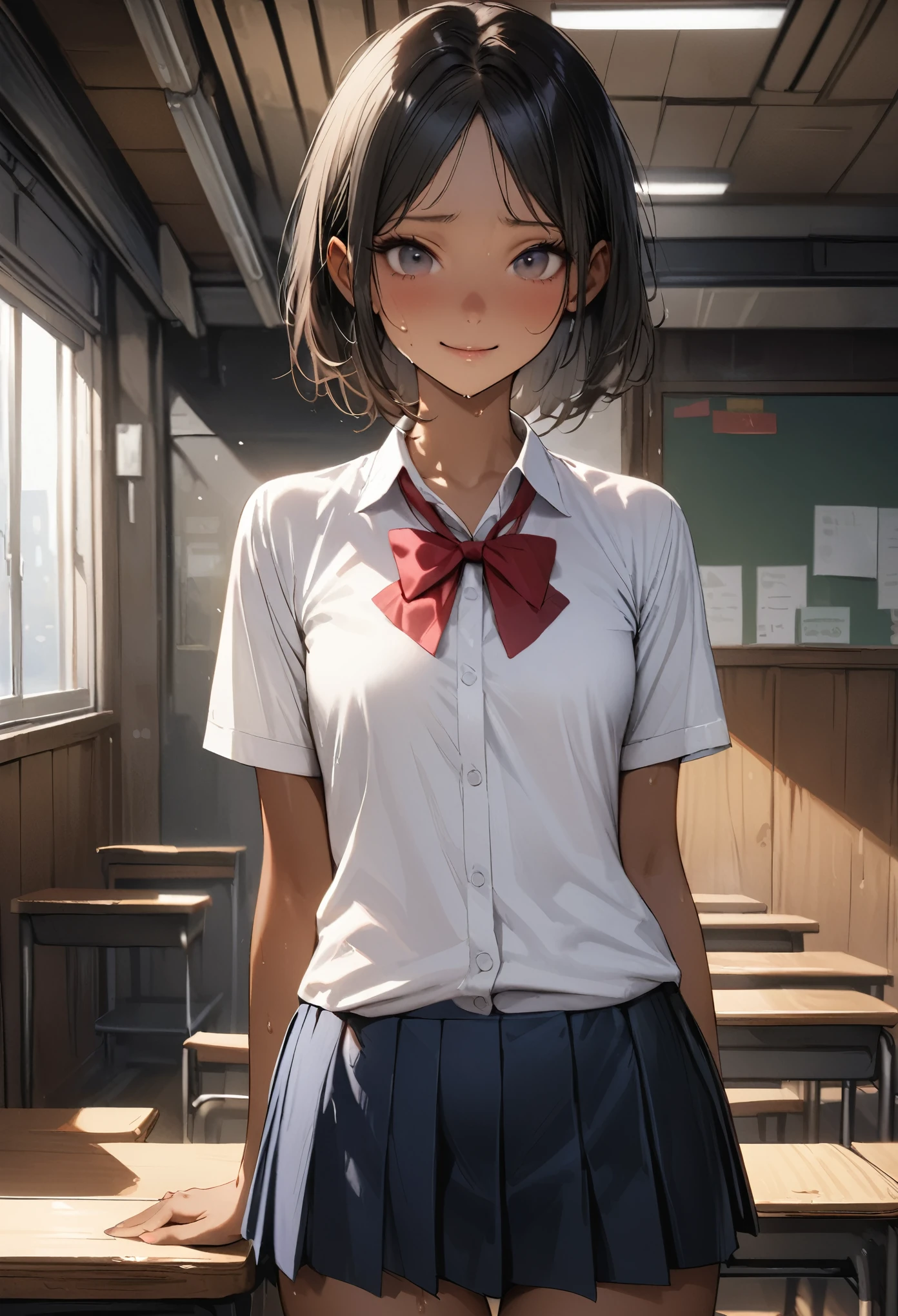 ((masterpiece,Highest quality:1.3,best quality illustration)),((realistic:1.2)),cowboy shot,独奏,1woman,18 year old beauty、black hair,short bob hair,(center parted bangs),black eyes,(gorgeous big eyes),((very small head:1.4)),shy,smile,((slender body,skinny)),(tan skin:1.4),small breasts,White short-sleeved collared shirt、red bowtie,Navy blue pleated mini skirt),gleaming skin,oily skin,slender body,sweat,classroom、School、Tokyo、