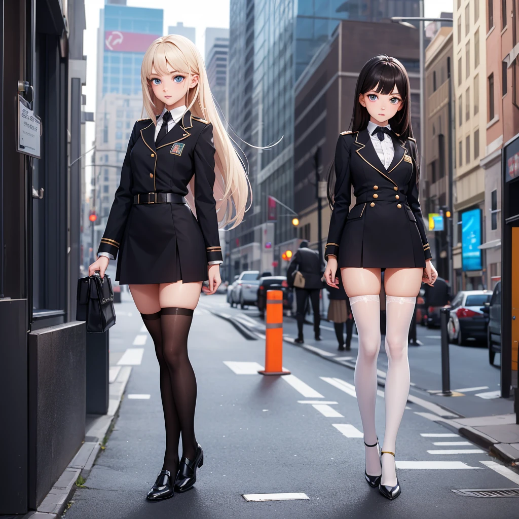 best quality, Full body portrait, Delicate face, pretty face, big eyes: 1.1, cosmetics: 1.2, 25 year old female, slim, Small bust, OL uniform, Female white-collar uniforms, office, black stockings, Exterior, Permanent, long hair, exposed, exposed, exposed