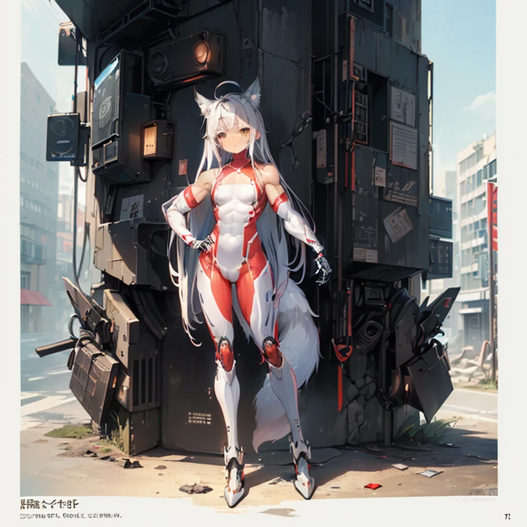 (Fox Girl, Fox Ears, Silver Hair, Fox Makeup, One Girl, Long Hair, Alone on the screen, dark skin, High definition:1.6), (mecha musume, Machinery Parts,Robot Joints, White and red clothes, Full body mechanical suit:1.8), (Body measurements are 75-60-75!, Young girl body, Small breasts, Proudly, Standing posture, slender, muscle:1.9), Avatar, face, 色っぽいface, Dominant representation, naughty face, Uplifting, Skin Texture, outside, ruins, Ruined City, Broken Building, There are no people
