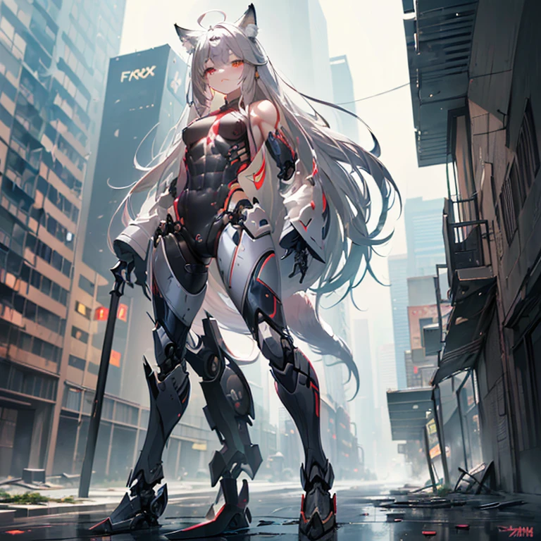 (Fox Girl, Fox Ears, Silver Hair, Fox Makeup, One Girl, Long Hair, Alone on the screen, dark skin, High definition:1.6), (mecha musume, Machinery Parts,Robot Joints, White and red clothes, Full body mechanical suit:1.8), (Body measurements are 75-60-75!, Young girl body, Small breasts, Proudly, Standing posture, slender, muscle:1.9), Avatar, face, 色っぽいface, Dominant representation, naughty face, Uplifting, Skin Texture, outside, ruins, Ruined City, Broken Building, There are no people