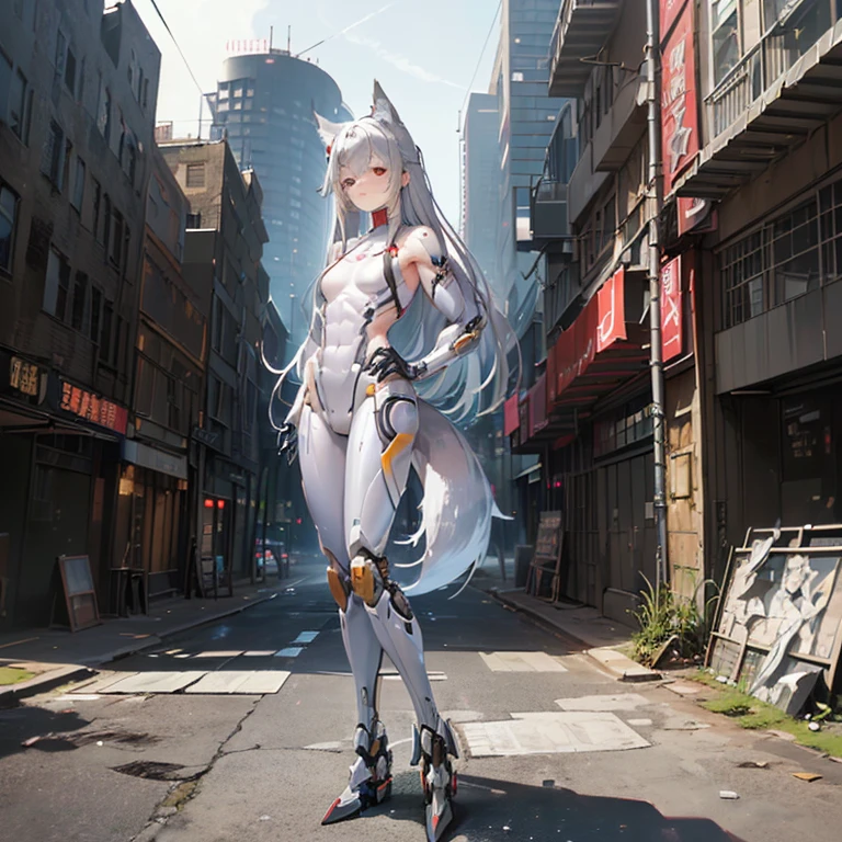 (Fox Girl, Fox Ears, Silver Hair, Fox Makeup, One Girl, Long Hair, Alone on the screen, dark skin, High definition:1.6), (mecha musume, Machinery Parts,Robot Joints, White and red clothes, Full body mechanical suit:1.8), (Body measurements are 75-60-75!, Young girl body, Small breasts, Proudly, Standing posture, slender, muscle:1.9), Avatar, face, 色っぽいface, Dominant representation, naughty face, Uplifting, Skin Texture, outside, ruins, Ruined City, Broken Building, There are no people