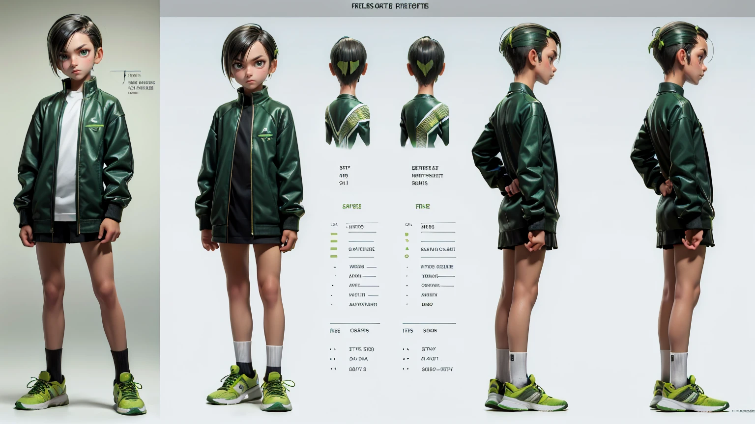 cute face boy, cute face, short height boy, wearing casual futuristic green color pent, green dress, full standing pose, Butch Cut hairs, black Butch Cut style hair, black hairs, sports shoes, Character Sheet, 12 yo student, Full body, Simple white background, front pose character reference sheet, Concept art, design sheet