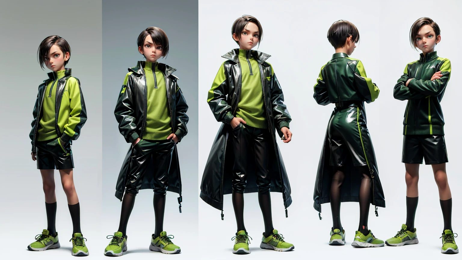 cute face boy, cute face, short height boy, wearing casual futuristic green color pent, green dress, full standing pose, Comb Over  hairs, Comb Over hair style, sports shoes, Character Sheet, 12 yo student, Full body, Simple white background, front straight pose character reference sheet, Concept art, design sheet