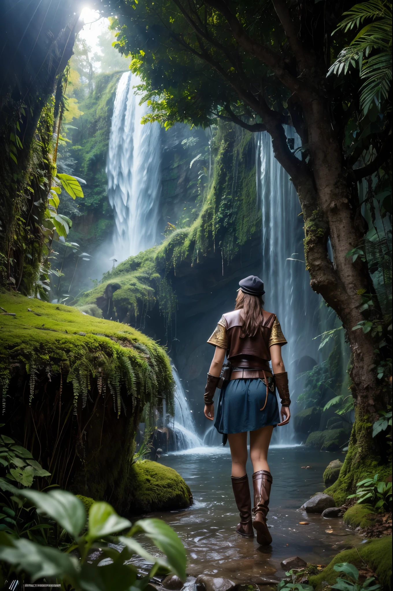 Masterpiece, Best Quality, Super Detailed, High Definition, HDR, Realistic, Depth, Fine Texture, Super Fine, Complete concentration.

Character: A brave female adventurer with a strong, determined expression. She is dressed in detailed explorer attire: a fitted leather jacket, utility belt with various tools, sturdy boots, and a wide-brimmed hat. She carries a mystical, glowing artifact in one hand and a map in the other.

Scene: Enchanted jungle filled with fantastical elements. Towering trees with bioluminescent vines, glowing flowers, and exotic, colorful plants. There are mystical creatures, like ethereal birds and gentle, glowing spirits, blending into the lush foliage.

Background: A hidden ancient temple covered in mystical runes and overgrown with vegetation. The temple emits a faint, magical glow, hinting at the secrets and treasures it holds. A waterfall cascades beside the temple, creating a serene yet adventurous atmosphere.

Lighting: Soft, magical light filtering through the trees, casting a warm, ethereal glow over the scene. Volumetric lighting with lens flare effects enhances the fantasy setting. The light reflects off the mystical artifact, adding an otherworldly shine.

Details: Detailed textures on the adventurer’s gear, such as worn leather, metallic zippers, and enchanted artifacts. The jungle is alive with vivid colors, intricate patterns on the plants, and the soft glow of bioluminescent flora.

Atmosphere: A sense of wonder, adventure, and mystery. The scene feels alive with magical energy, as if the jungle itself is watching over the adventurer. The sounds of rustling leaves, distant animal calls, and the gentle flow of the waterfall create an immersive experience.

Additional elements: Hidden paths and ancient statues partially covered in moss, glowing runes and symbols on the temple walls, and small, mystical creatures interacting with the adventurer. The presence of magical sparkles and ethereal light trails add to the fantasy feel.