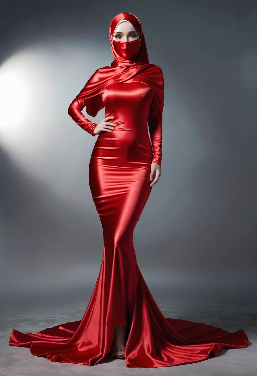 a sexy a woman covered in red satin cloth, mummified in satin, shape lije mermaid gown, tight in leg, wearing a satin hijab, the satin gown is very long, forming the curve of the body,strugle to move,full body, masterpice, 4k resolution, ultra-realistic, highly detail, great lightning.