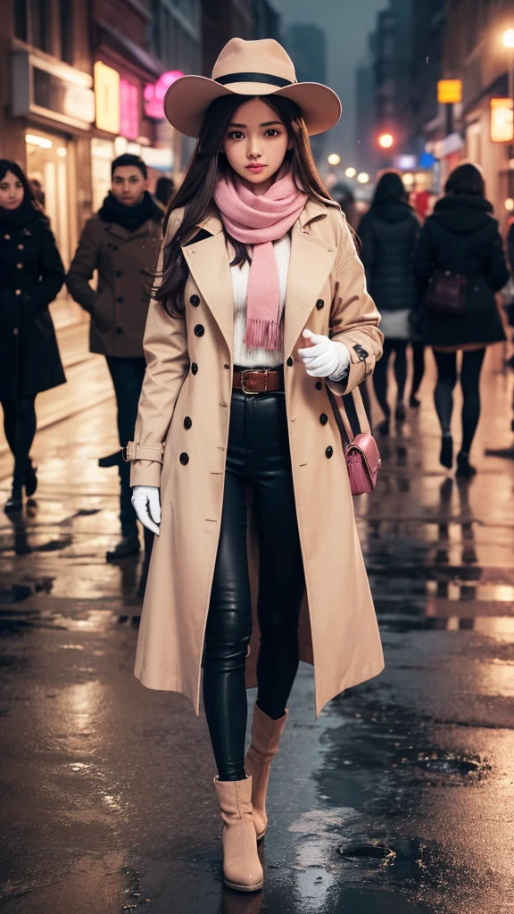 1girl with long brown hair wearing a fully buttoned up and belted buckle beige trench coat with a large pink winter wool scarf and white gloves at the hard rainy night city street full body 8k