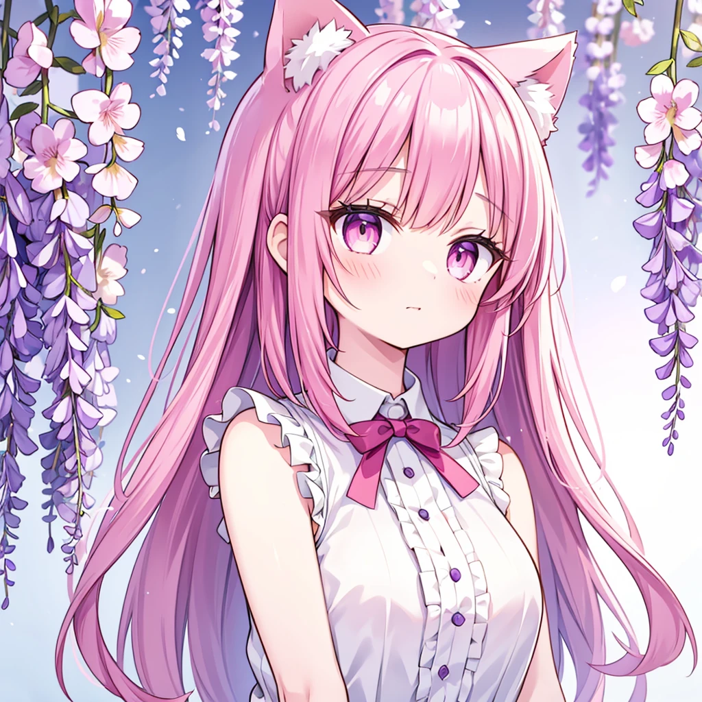 1 girl, alone, Cute girl with pink hair, pink eyes, Wisteria flowers background, Soft natural light, Cat ears, Sleeveless white shirt