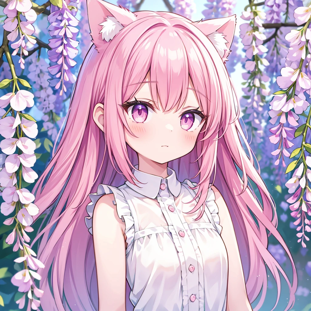 1 girl, alone, Cute girl with pink hair, pink eyes, Wisteria flowers background, Soft natural light, Cat ears, Sleeveless white shirt