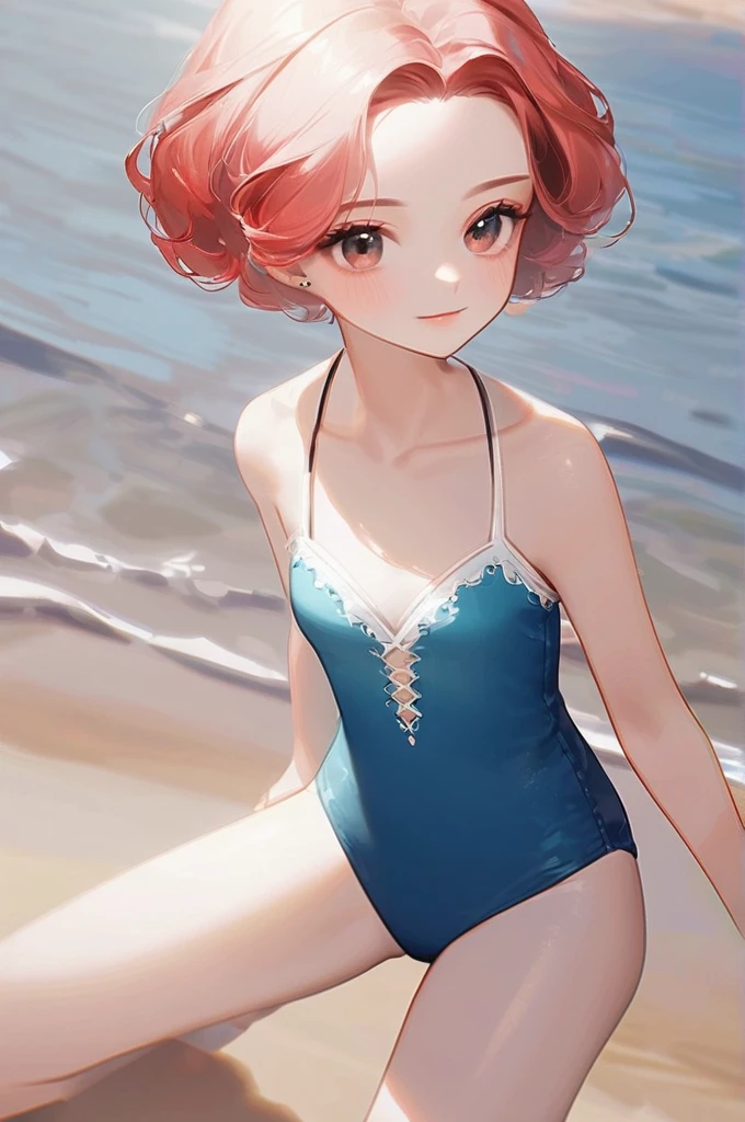 ((Лучшее качество)), ((шедевр)), (подробный), a girl, small, short, red hair, in a swimsuit, on the beach.