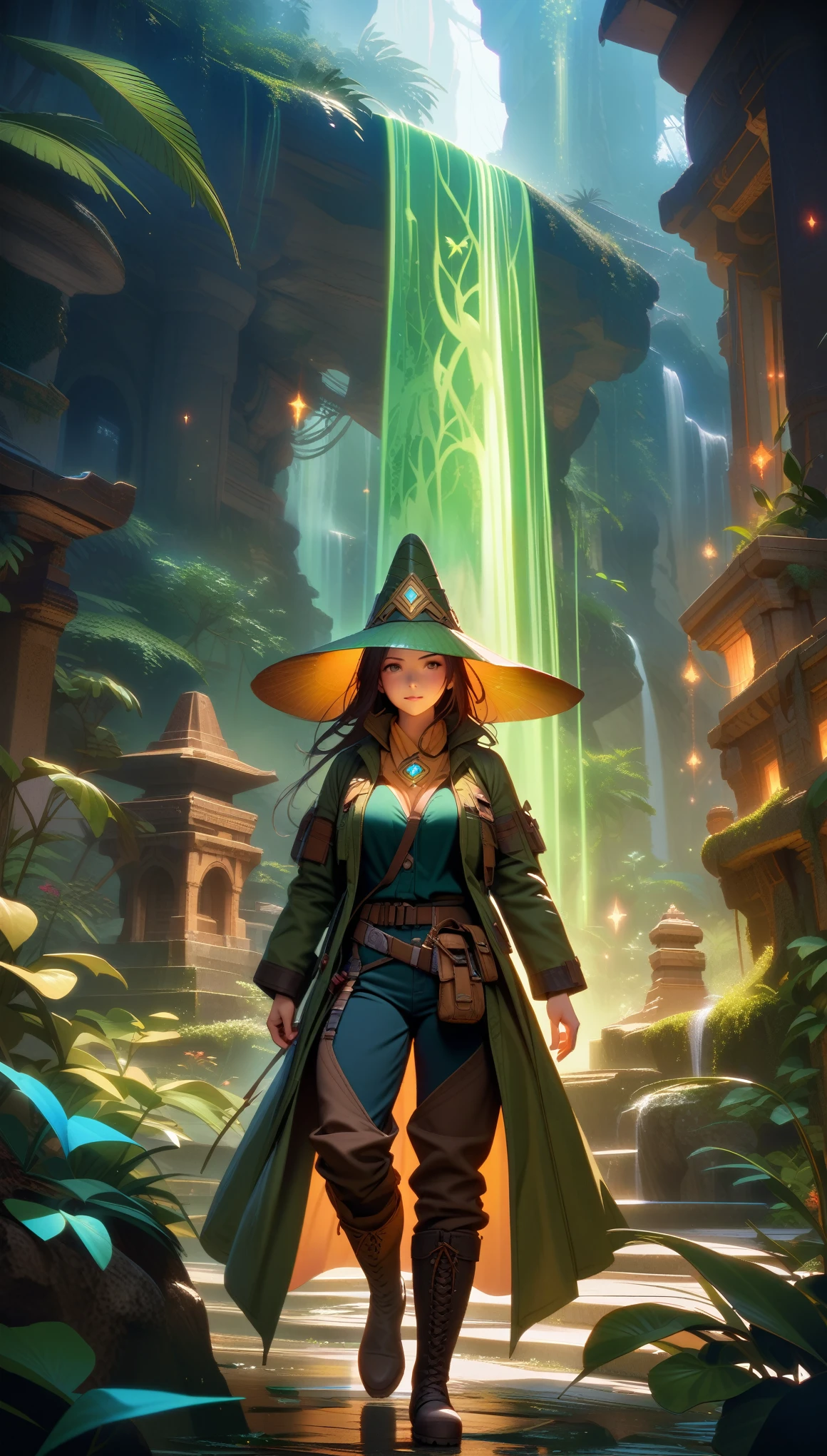 Masterpiece, Best Quality, Super Detailed, High Definition, HDR, Realistic, Depth, Fine Texture, Super Fine, Complete concentration.

Character: A brave female adventurer with a strong, determined expression. She is dressed in detailed explorer attire: a fitted leather jacket, utility belt with various tools, sturdy boots, and a wide-brimmed hat. She carries a mystical, glowing artifact in one hand and a map in the other.

Scene: Enchanted jungle filled with fantastical elements. Towering trees with bioluminescent vines, glowing flowers, and exotic, colorful plants. There are mystical creatures, like ethereal birds and gentle, glowing spirits, blending into the lush foliage.

Background: A hidden ancient temple covered in mystical runes and overgrown with vegetation. The temple emits a faint, magical glow, hinting at the secrets and treasures it holds. A waterfall cascades beside the temple, creating a serene yet adventurous atmosphere.

Lighting: Soft, magical light filtering through the trees, casting a warm, ethereal glow over the scene. Volumetric lighting with lens flare effects enhances the fantasy setting. The light reflects off the mystical artifact, adding an otherworldly shine.

Details: Detailed textures on the adventurer’s gear, such as worn leather, metallic zippers, and enchanted artifacts. The jungle is alive with vivid colors, intricate patterns on the plants, and the soft glow of bioluminescent flora.

Atmosphere: A sense of wonder, adventure, and mystery. The scene feels alive with magical energy, as if the jungle itself is watching over the adventurer. The sounds of rustling leaves, distant animal calls, and the gentle flow of the waterfall create an immersive experience.

Additional elements: Hidden paths and ancient statues partially covered in moss, glowing runes and symbols on the temple walls, and small, mystical creatures interacting with the adventurer. The presence of magical sparkles and ethereal light trails add to the fantasy feel.
